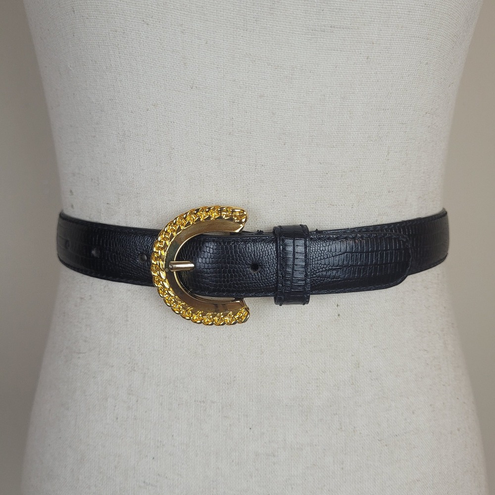 Vintage Liz Claiborne Belt Small Black Leather Croc Embossed Gold Buckle 80s 90s